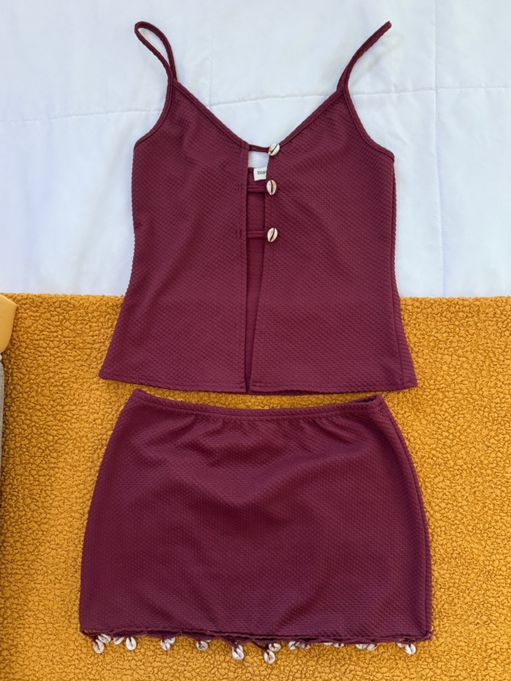 Blackbough Wine-Red Spaghetti Strap Shell-Trim Mini Skirt Set